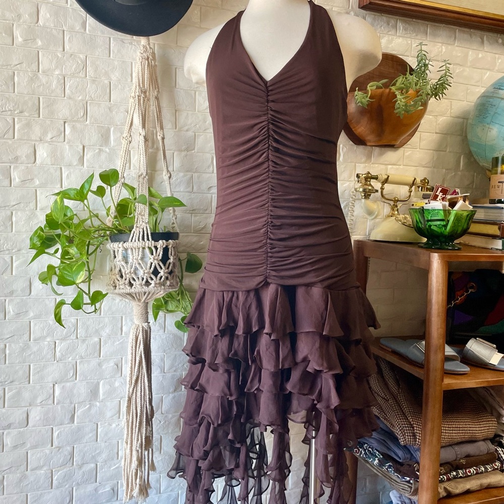 VTG Y2K BCBG MAXAZRIA Brown Ruched Halter Chiffon Ribbon Asymmetrical Dress - Picture 2 of 16